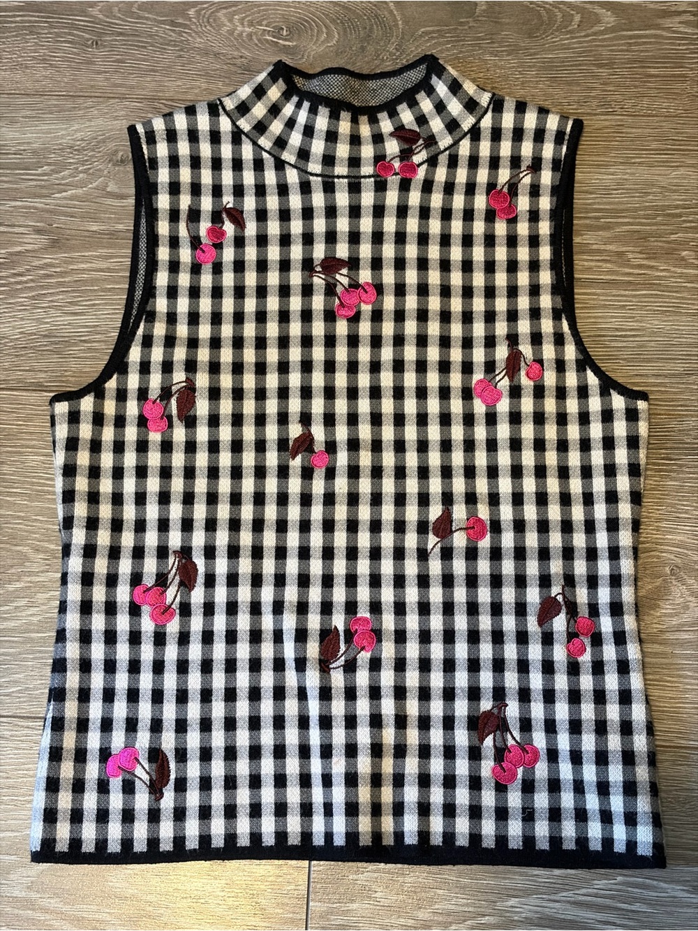 Maeve by Anthropologie Gingham Sleeveless Top w/ Pink Cherry Embroidery